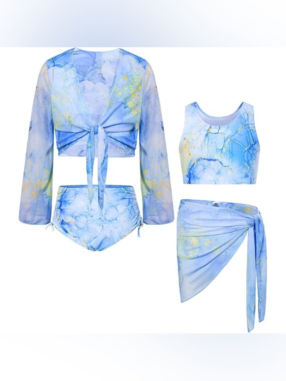 Blue Marble Tie-Front Bikini Set with Sheer Cover-Up and Sarong